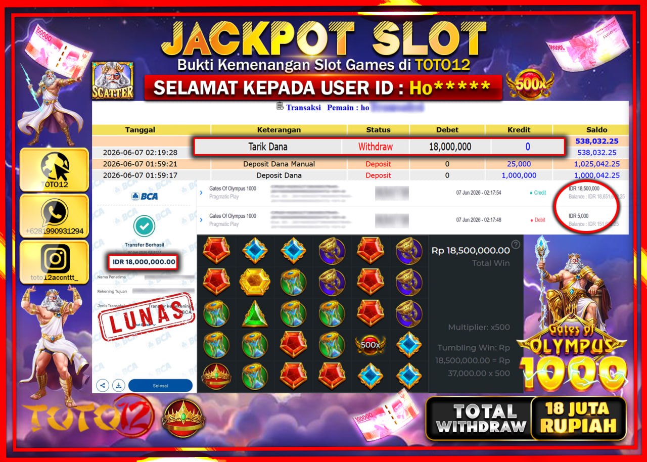HANYA DI TOTO12 JP PASTI DI BAYAR LUNAS DAN CEPAT!!!!!! JACKPOT SLOT GAME (GATES OF OLYMPUS 1000) Rp18.000.000!!!!