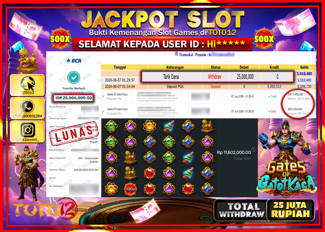 HANYA DI TOTO12 JP PASTI DI BAYAR LUNAS DAN CEPAT!!!!!! JACKPOT SLOT GAME (GATES OF GATOTKACA) Rp25.000.000!!!!