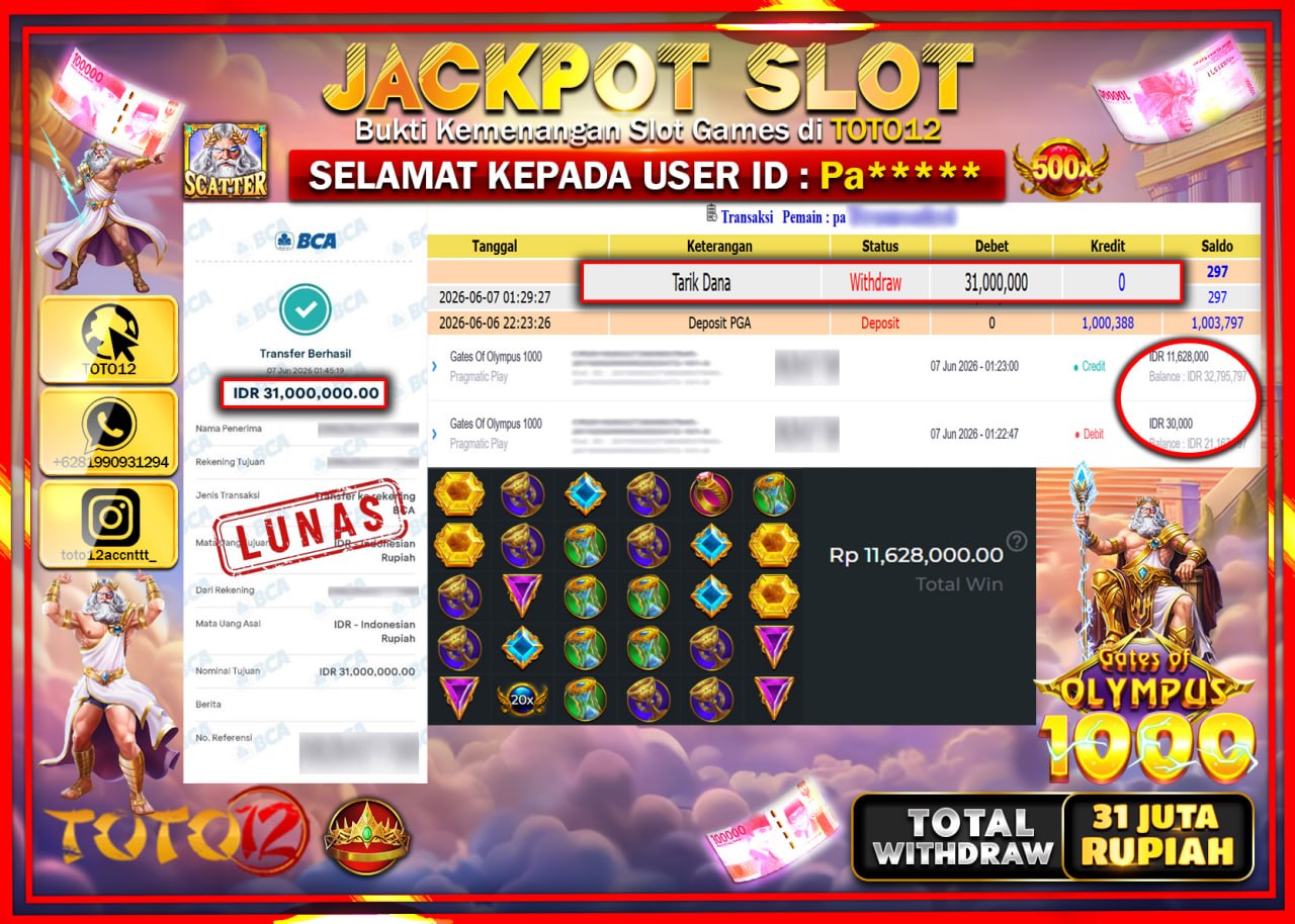 HANYA DI TOTO12 JP PASTI DI BAYAR LUNAS DAN CEPAT!!!!!! JACKPOT SLOT GAME (GATES OF OLYMPUS 1000) Rp31.000.000!!!!
