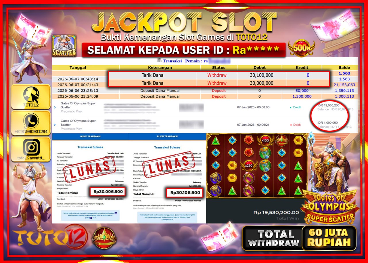 HANYA DI TOTO12 JP PASTI DI BAYAR LUNAS DAN CEPAT!!!!!! JACKPOT SLOT GAME (GATES OF OLYMPUS SUPER SCATTER) Rp60.100.000!!!!