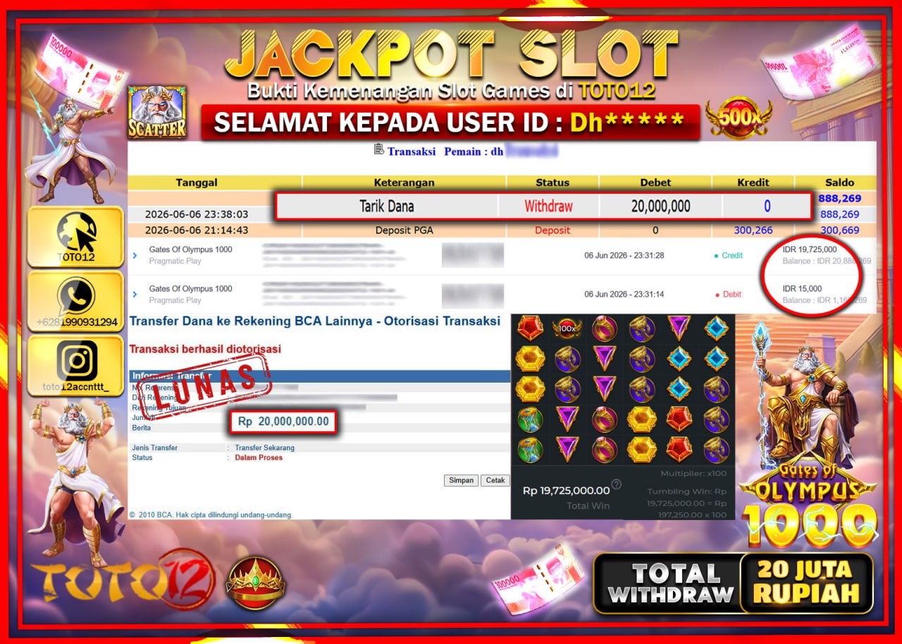 HANYA DI TOTO12 JP PASTI DI BAYAR LUNAS DAN CEPAT!!!!!! JACKPOT SLOT GAME (GATES OF OLYMPUS 1000) Rp20.000.000!!!!