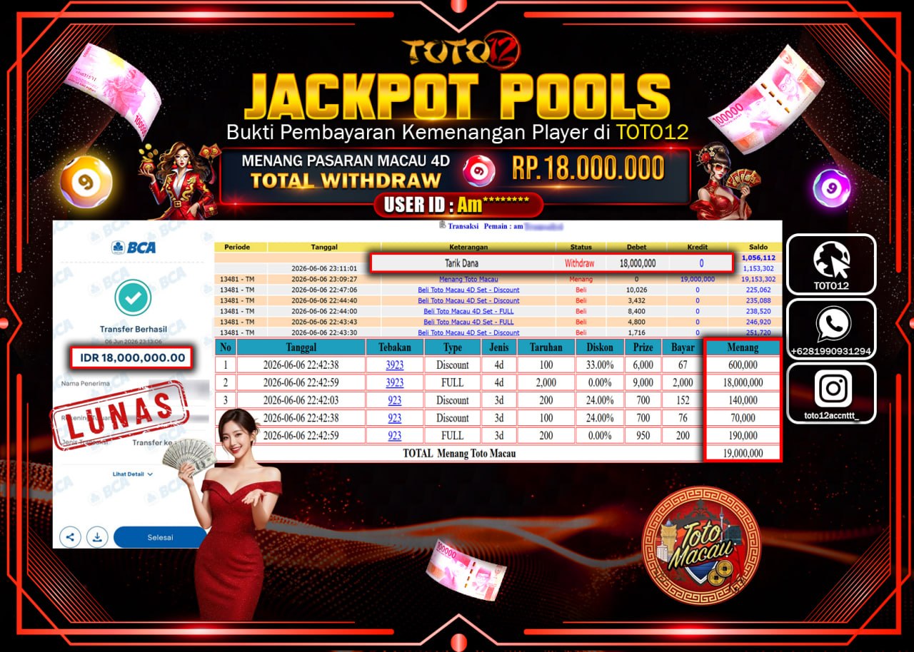 HANYA DI TOTO12 JP PASTI DI BAYAR LUNAS DAN CEPAT!!!!!! JACKPOT POOLS PASARAN (MACAU 4D) Rp18.000.000!!!!