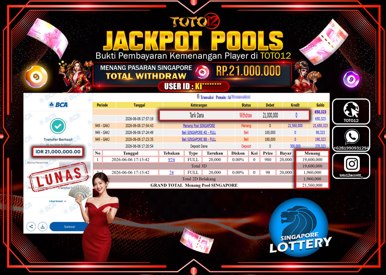 HANYA DI TOTO12 JP PASTI DI BAYAR LUNAS DAN CEPAT!!!!!! JACKPOT POOLS PASARAN (SINGAPORE) Rp21.000.000!!!!