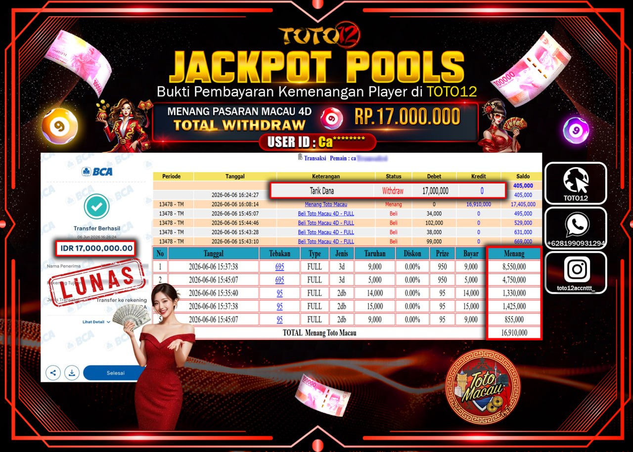 HANYA DI TOTO12 JP PASTI DI BAYAR LUNAS DAN CEPAT!!!!!! JACKPOT POOLS PASARAN (MACAU 4D) Rp17.000.000!!!!