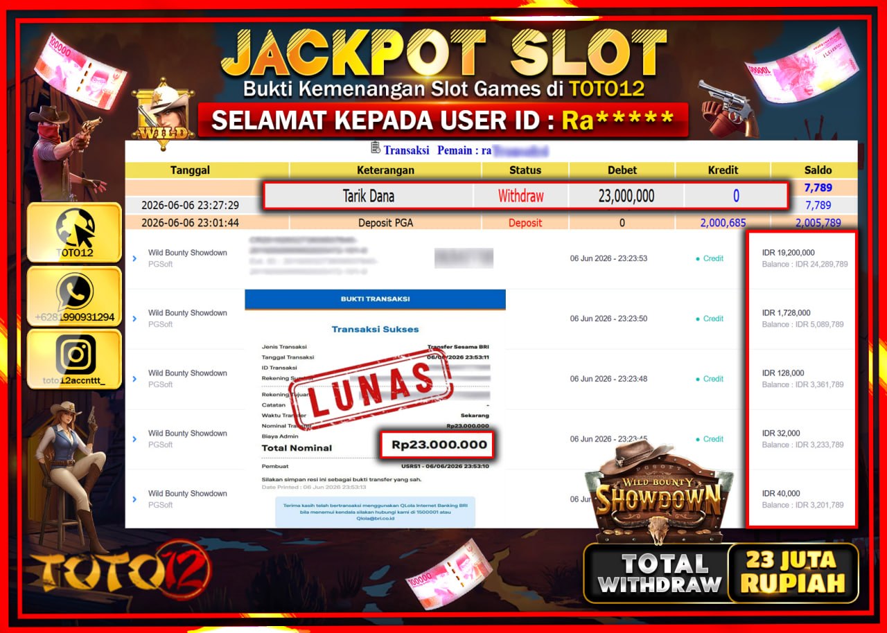 HANYA DI TOTO12 JP PASTI DI BAYAR LUNAS DAN CEPAT!!!!!! JACKPOT SLOT GAME (WILD BOUNTY SHOWDOWN) Rp23.000.000!!!!