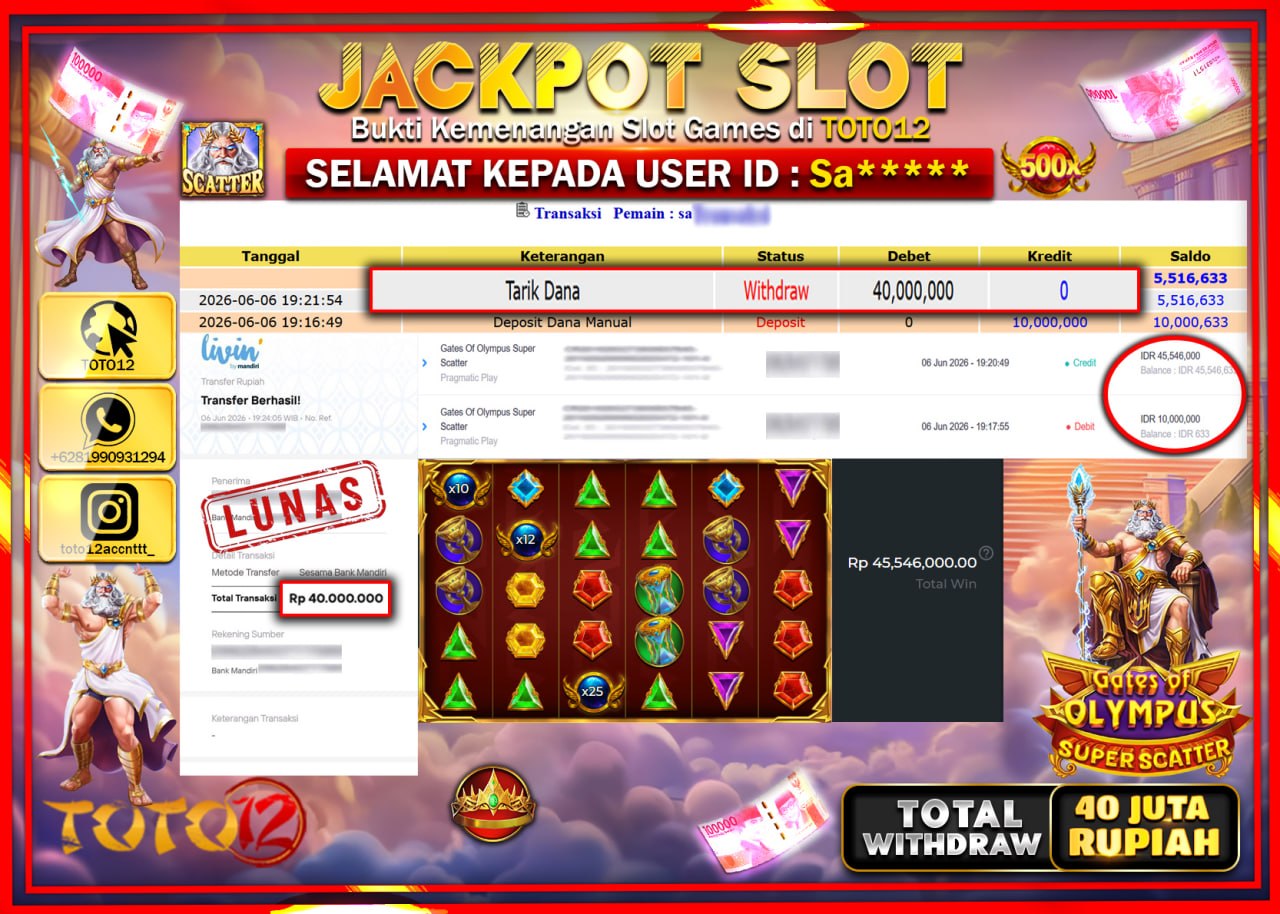 HANYA DI TOTO12 JP PASTI DI BAYAR LUNAS DAN CEPAT!!!!!! JACKPOT SLOT GAME (GATES OF OLYMPUS SUPER SCATTER) Rp40.000.000!!!!