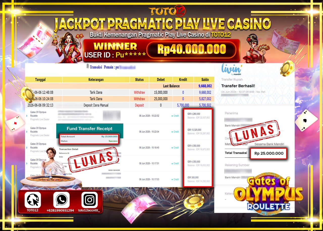 HANYA DI TOTO12 JP PASTI DI BAYAR LUNAS DAN CEPAT!!!!!! JACKPOT PRAGMATIC PLAY LIVE GAME CASINO (GATES OF OLYMPUS ROULETTE) Rp40.000.000!!!!