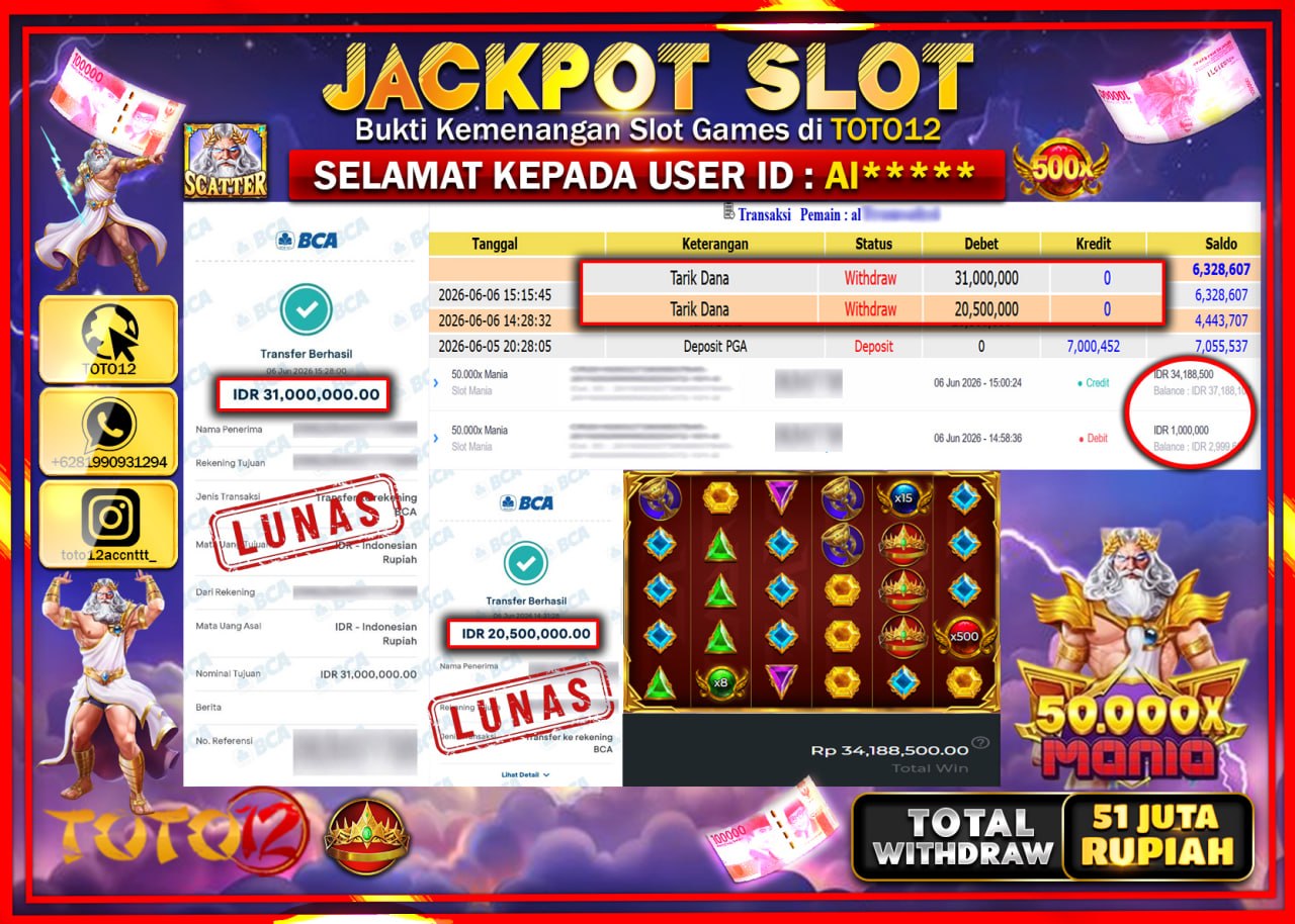 HANYA DI TOTO12 JP PASTI DI BAYAR LUNAS DAN CEPAT!!!!!! JACKPOT SLOT GAME (50.000 X MANIA) Rp51.500.000!!!!