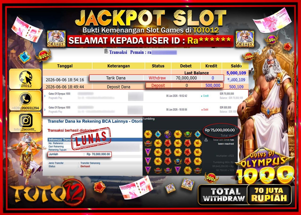 HANYA DI TOTO12 JP PASTI DI BAYAR LUNAS DAN CEPAT!!!!!! JACKPOT SLOT GAME (GATES OF OLYMPUS 1000) Rp70.000.000!!!!