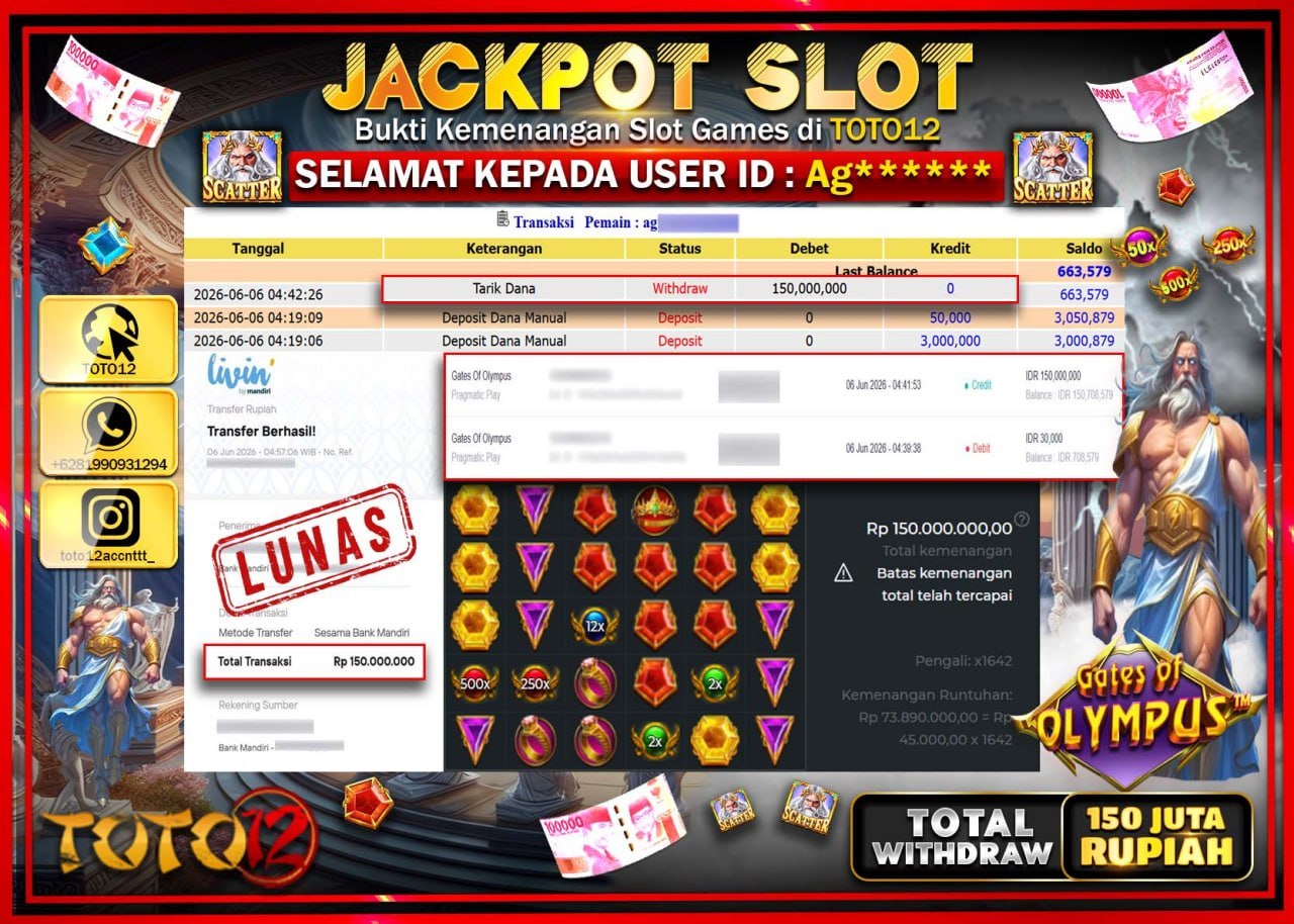 HANYA DI TOTO12 JP PASTI DI BAYAR LUNAS DAN CEPAT!!!!!! JACKPOT SLOT GAME (GATES OF OLYMPUS) Rp150.000.000!!!!