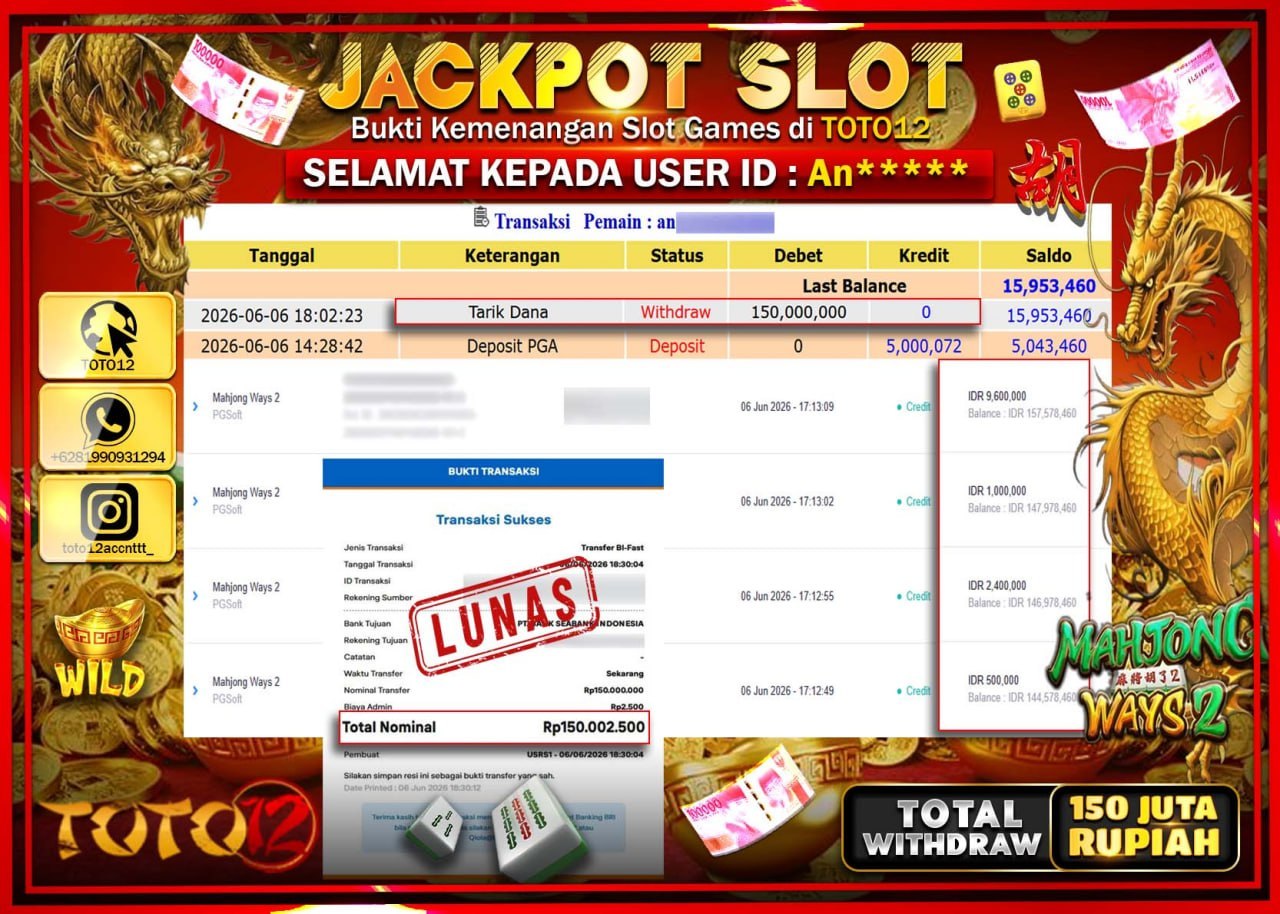 HANYA DI TOTO12 JP PASTI DI BAYAR LUNAS DAN CEPAT!!!!!! JACKPOT SLOT GAME (MAHJONG WAYS 2) Rp150.000.000!!!!
