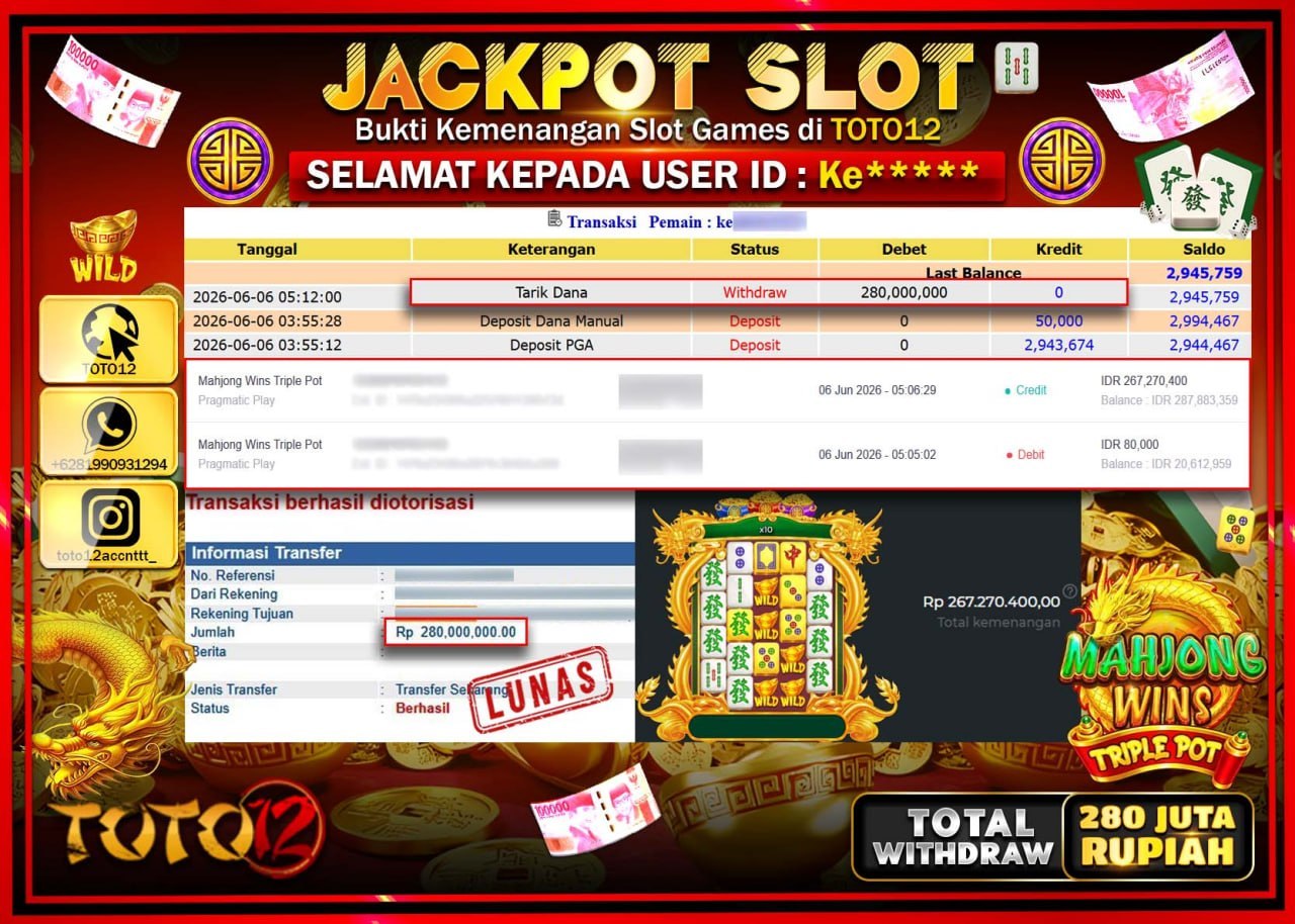 HANYA DI TOTO12 JP PASTI DI BAYAR LUNAS DAN CEPAT!!!!!! JACKPOT SLOT GAME (MAHJONG WINS TRIPLE POT) Rp280.000.000!!!!