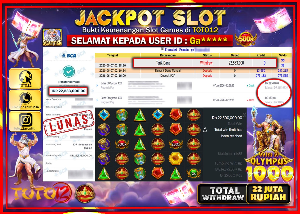 HANYA DI TOTO12 JP PASTI DI BAYAR LUNAS DAN CEPAT!!!!!! JACKPOT SLOT GAME (GATES OF OLYMPUS 1000) Rp22.533.000!!!!