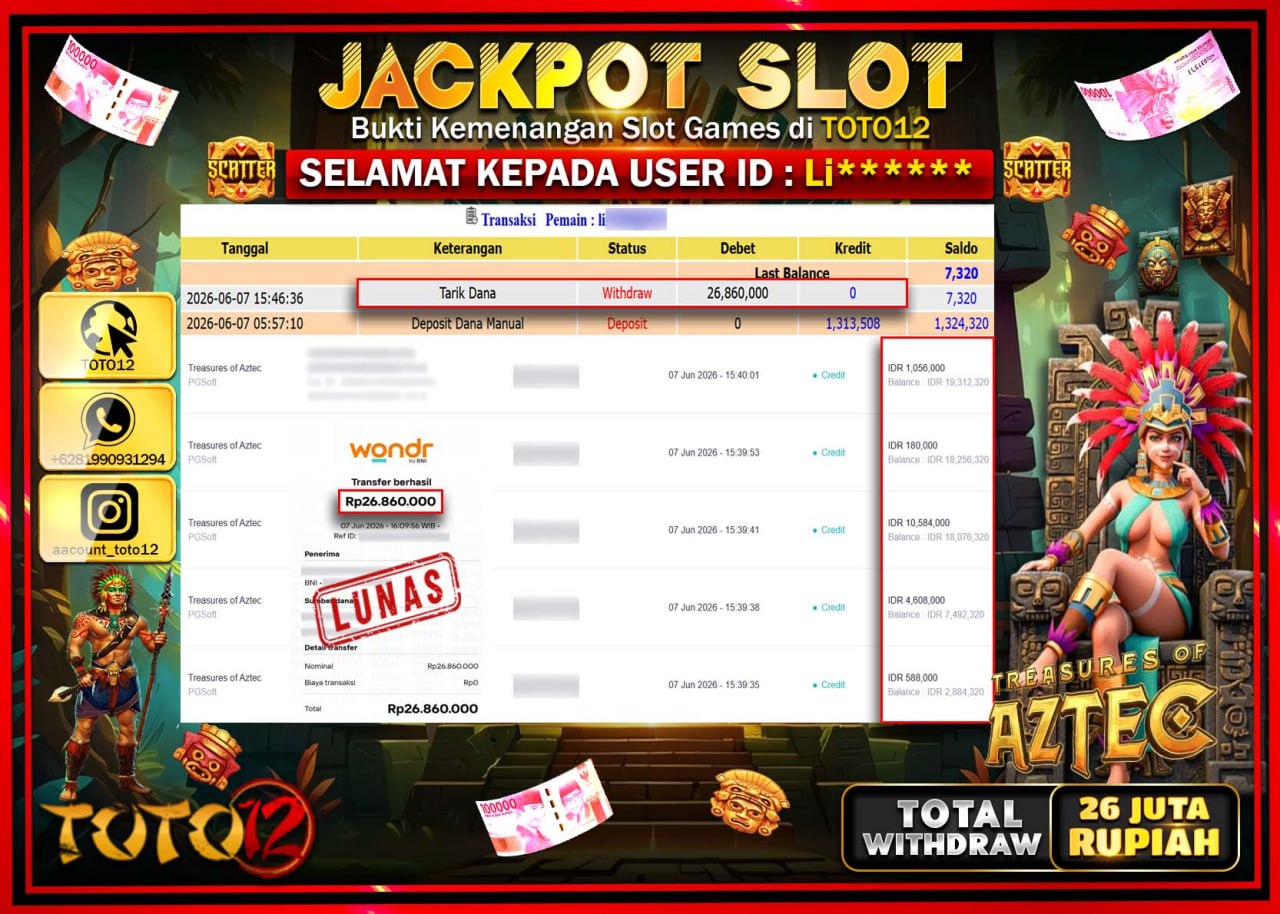 HANYA DI TOTO12 JP PASTI DI BAYAR LUNAS DAN CEPAT!!!!!! JACKPOT SLOT GAME (TREASURES OF AZTEC) Rp26.860.000!!!!
