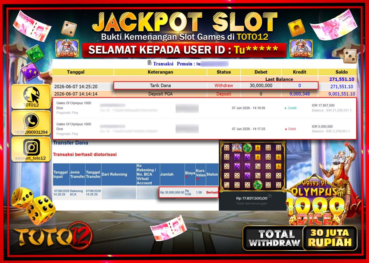 HANYA DI TOTO12 JP PASTI DI BAYAR LUNAS DAN CEPAT!!!!!! JACKPOT SLOT GAME (GATES OF OLYMPUS 1000 DICE) Rp30.000.000!!!!