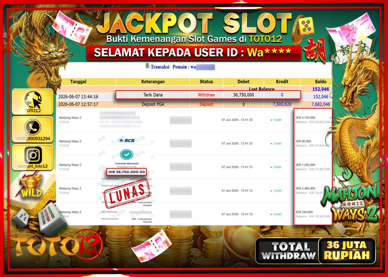 HANYA DI TOTO12 JP PASTI DI BAYAR LUNAS DAN CEPAT!!!!!! JACKPOT SLOT GAME (MAHJONG WAYS) Rp36.750.000!!!!