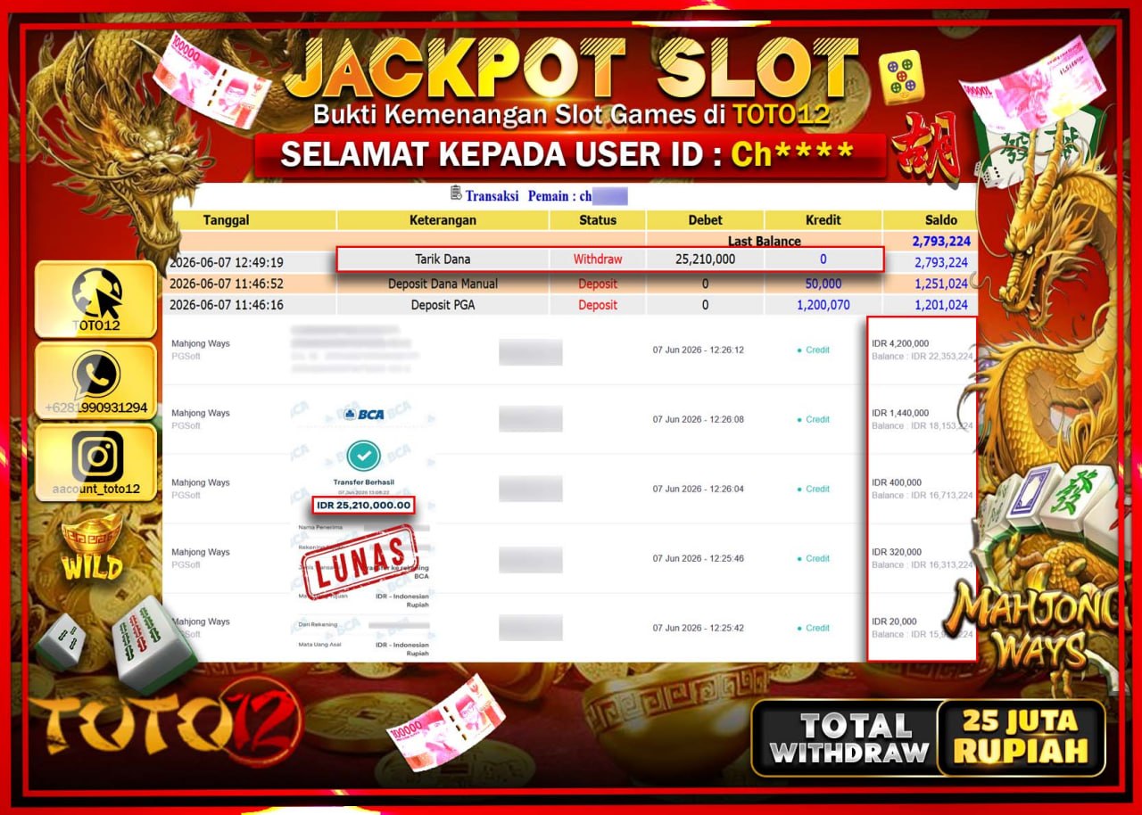 HANYA DI TOTO12 JP PASTI DI BAYAR LUNAS DAN CEPAT!!!!!! JACKPOT SLOT GAME (MAHJONG WAYS) Rp25.210.000!!!!