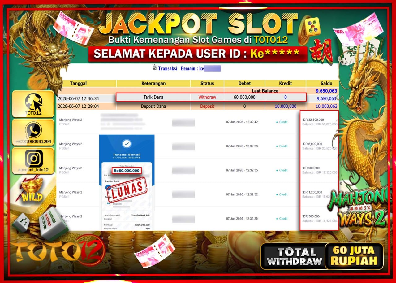 HANYA DI TOTO12 JP PASTI DI BAYAR LUNAS DAN CEPAT!!!!!! JACKPOT SLOT GAME (MAHJONG WAYS 2) Rp60.000.000!!!!