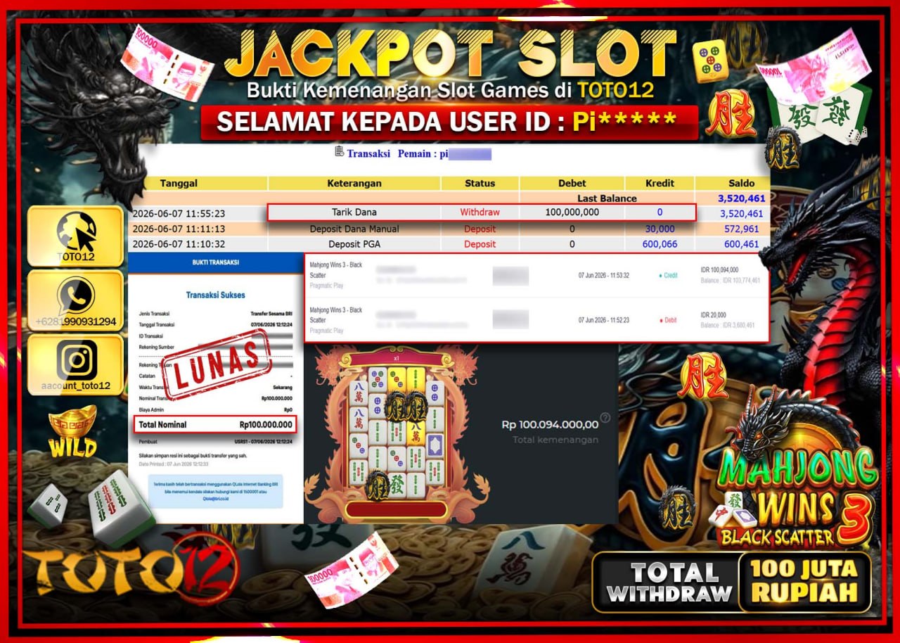 HANYA DI TOTO12 JP PASTI DI BAYAR LUNAS DAN CEPAT!!!!!! JACKPOT SLOT GAME (MAHJONG WINS 3 BLACK SCATTER ) Rp100.000.000!!!!