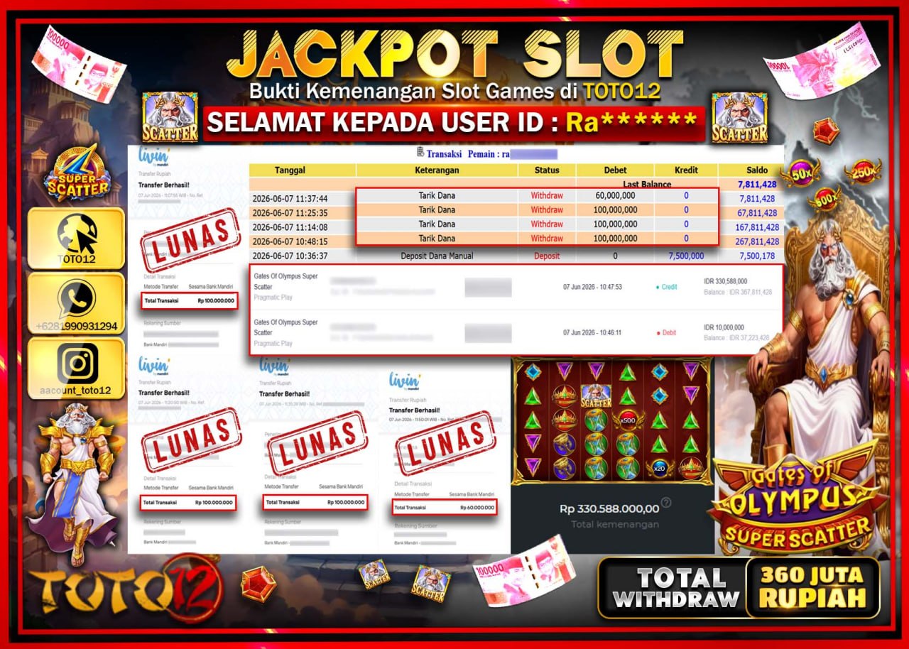 HANYA DI TOTO12 JP PASTI DI BAYAR LUNAS DAN CEPAT!!!!!! JACKPOT SLOT GAME (GATES OF OLYMPUS SUPER SCATTER) Rp360.000.000!!!!