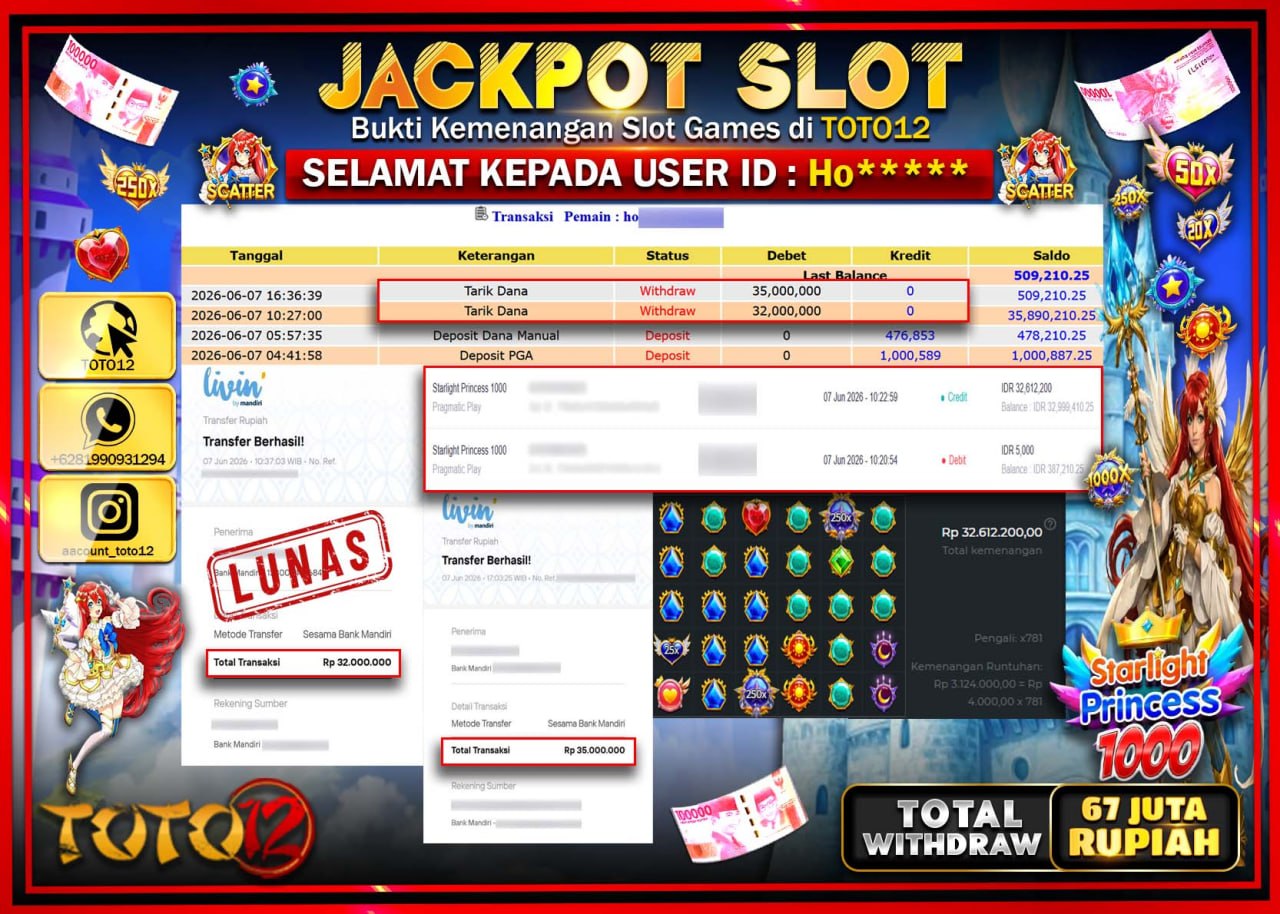 HANYA DI TOTO12 JP PASTI DI BAYAR LUNAS DAN CEPAT!!!!!! JACKPOT SLOT GAME (STARLIGHT PRINCESS 1000) Rp67.000.000!!!!
