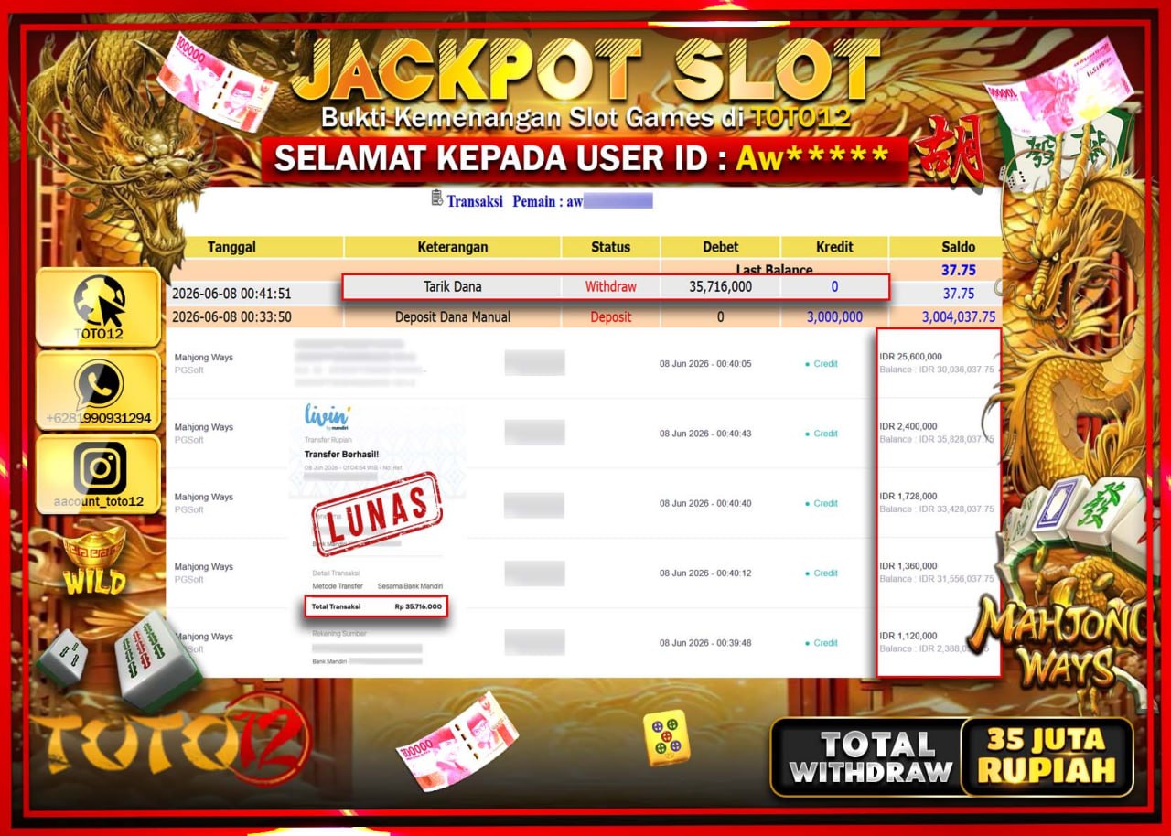 HANYA DI TOTO12 JP PASTI DI BAYAR LUNAS DAN CEPAT!!!!!! JACKPOT SLOT GAME (MAHJONG WAYS) Rp35.716.000!!!!