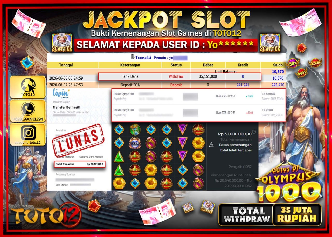 HANYA DI TOTO12 JP PASTI DI BAYAR LUNAS DAN CEPAT!!!!!! JACKPOT SLOT GAME (GATES OF OLYMPUS 1000) Rp35.151.000!!!!