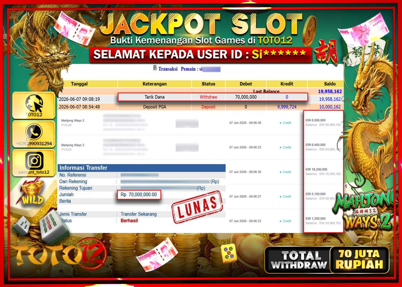 HANYA DI TOTO12 JP PASTI DI BAYAR LUNAS DAN CEPAT!!!!!! JACKPOT SLOT GAME (MAHJONG WAYS 2) Rp70.000.000!!!!