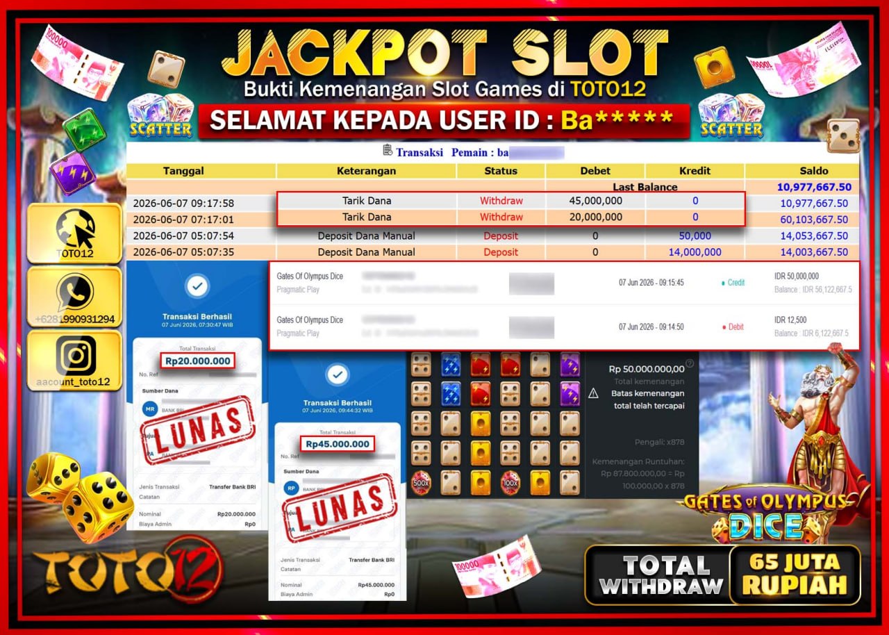 HANYA DI TOTO12 JP PASTI DI BAYAR LUNAS DAN CEPAT!!!!!! JACKPOT SLOT GAME (GATES OF OLYMPUS DICE) Rp65.000.000!!!!