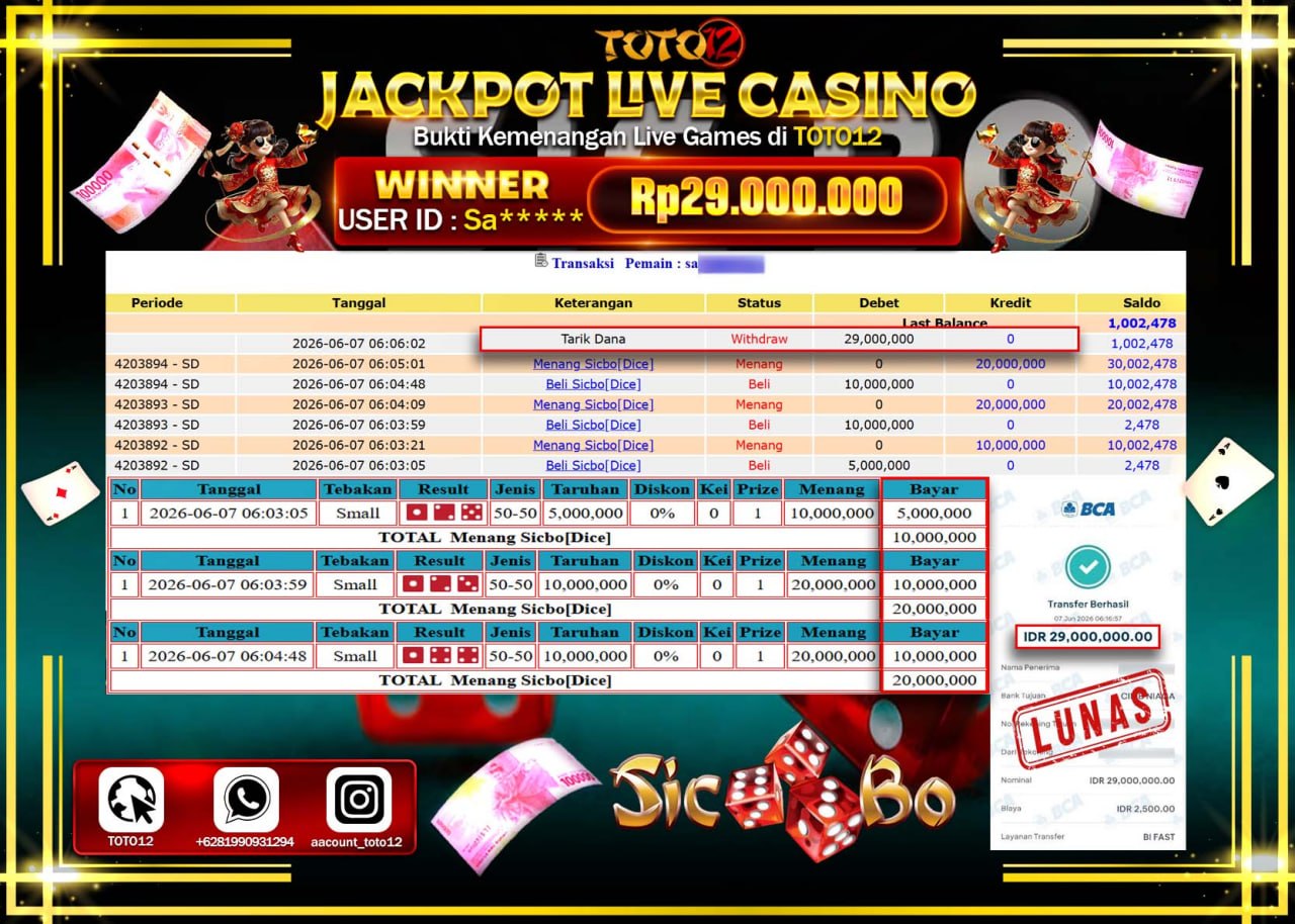 HANYA DI TOTO12 JP PASTI DI BAYAR LUNAS DAN CEPAT!!!!!! JACKPOT  LIVE GAME CASINO (SICBO DICE) Rp29.000.000!!!!
