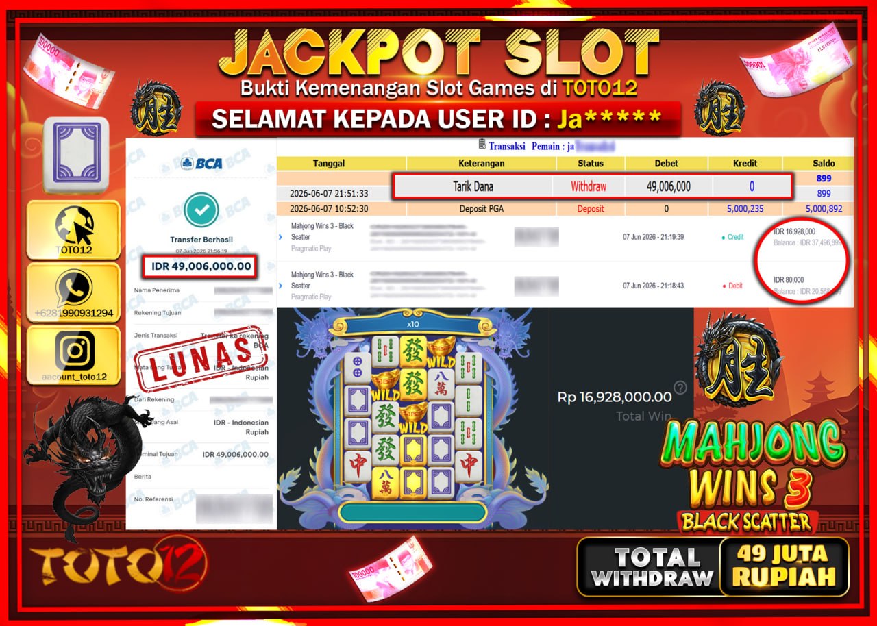 HANYA DI TOTO12 JP PASTI DI BAYAR LUNAS DAN CEPAT!!!!!! JACKPOT SLOT GAME (MAHJONG WINS 3 BLACK SCATTER) Rp49.006.000!!!!