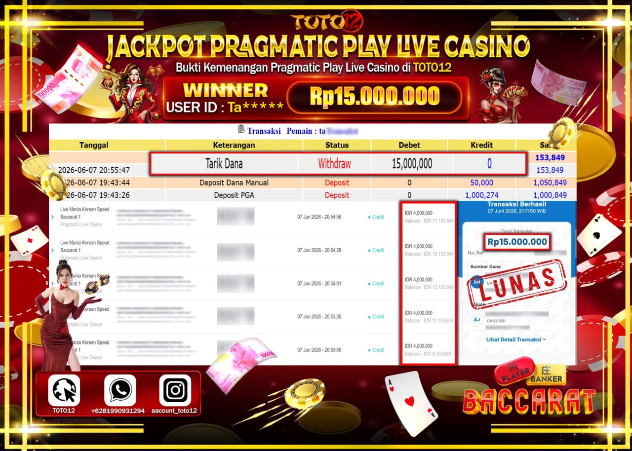 HANYA DI TOTO12 JP PASTI DI BAYAR LUNAS DAN CEPAT!!!!!! JACKPOT PRAGMATIC PLAY LIVE GAME CASINO (LIVE MANIA KOREAN SPEED BACCARAT 1) Rp15.000.000!!!!