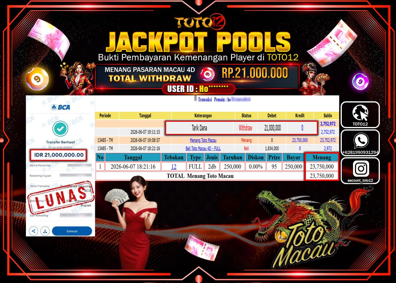 HANYA DI TOTO12 JP PASTI DI BAYAR LUNAS DAN CEPAT!!!!!! JACKPOT POOLS PASARAN (MACAU 4D) Rp21.000.000!!!!