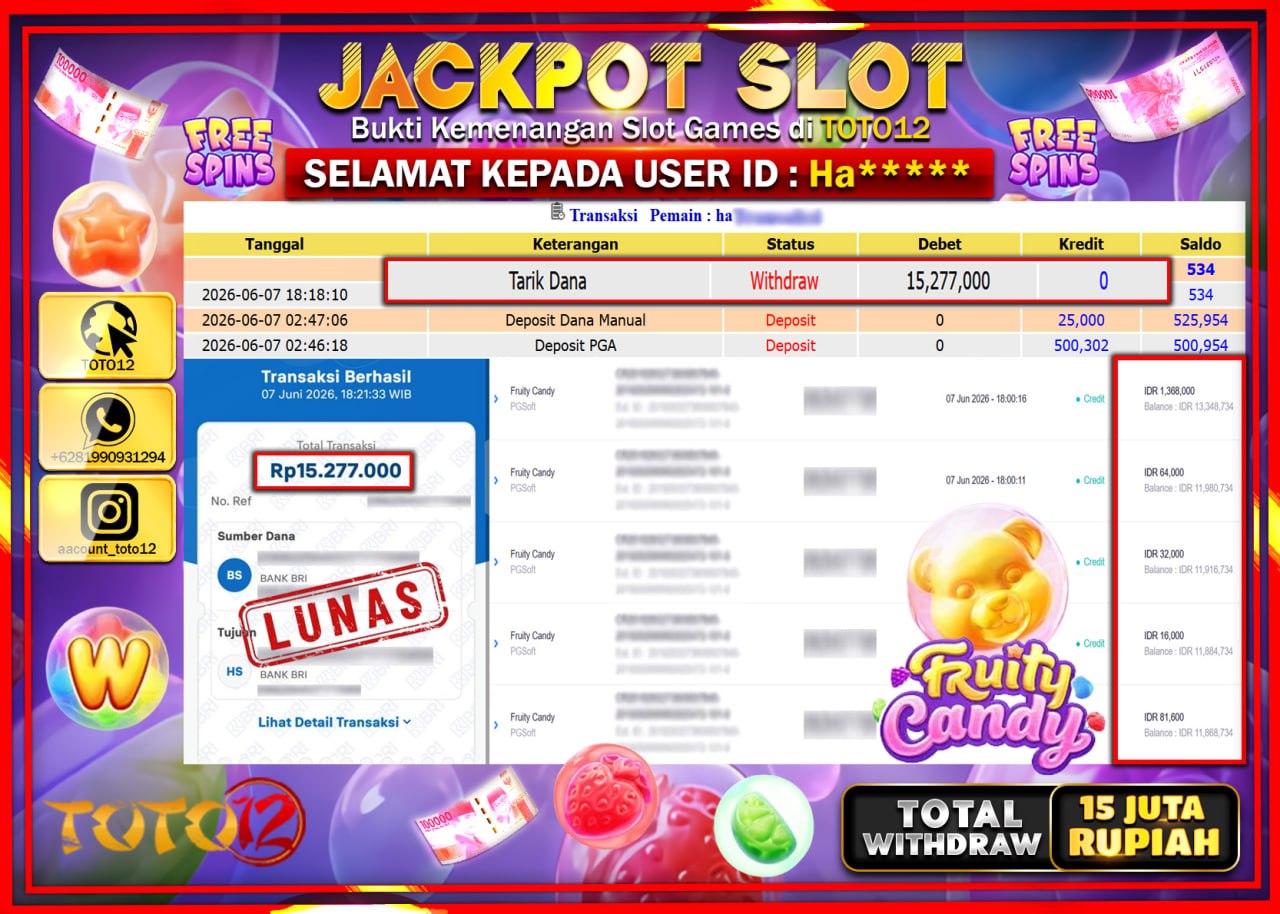 HANYA DI TOTO12 JP PASTI DI BAYAR LUNAS DAN CEPAT!!!!!! JACKPOT SLOT GAME (FRUITY CANDY) Rp15.277.000!!!!
