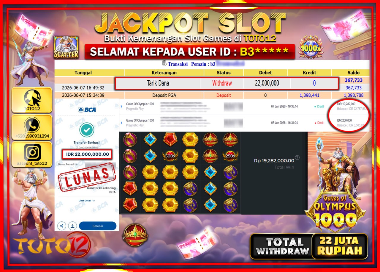 HANYA DI TOTO12 JP PASTI DI BAYAR LUNAS DAN CEPAT!!!!!! JACKPOT SLOT GAME (GATES OF OLYMPUS 1000) Rp22.000.000!!!!