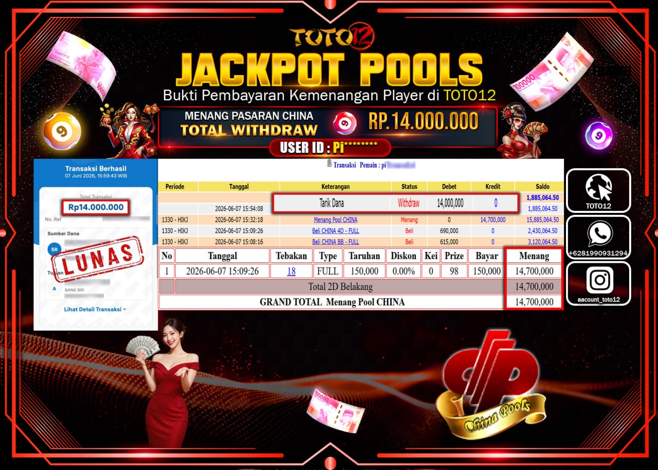 HANYA DI TOTO12 JP PASTI DI BAYAR LUNAS DAN CEPAT!!!!!! JACKPOT POOLS PASARAN (CHINA) Rp14.000.000!!!!
