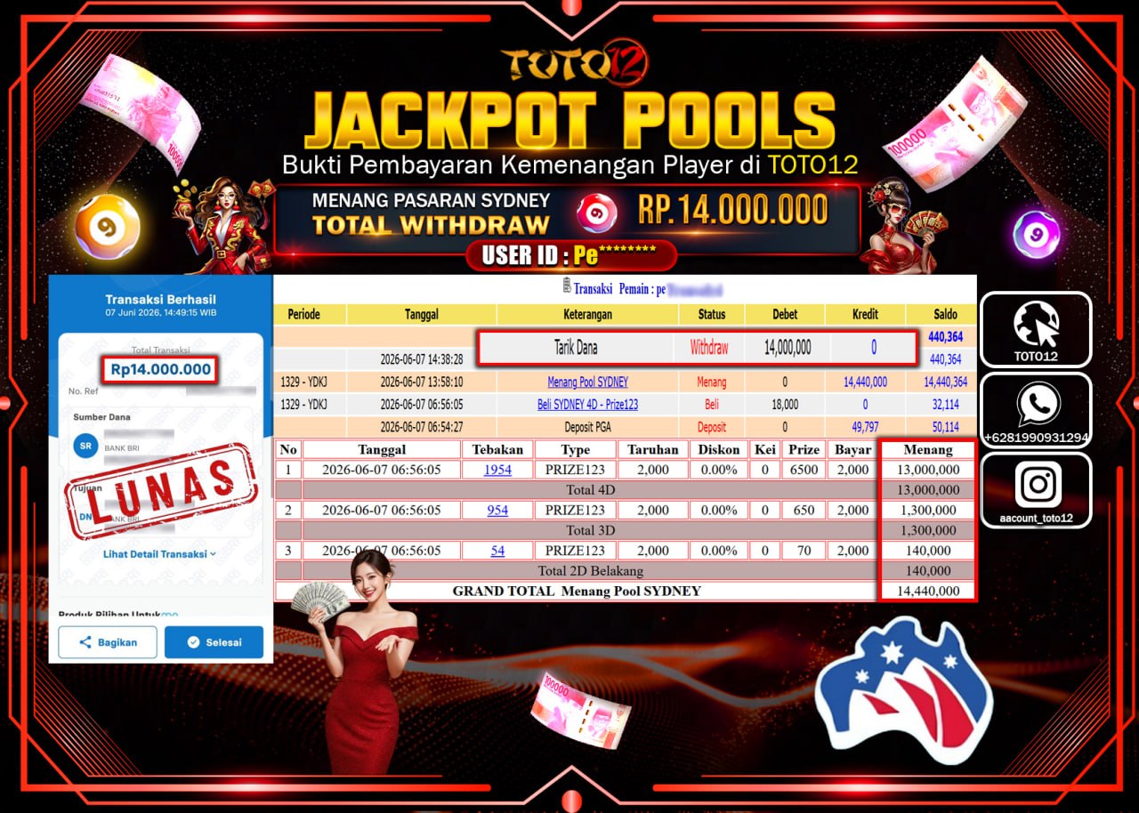 HANYA DI TOTO12 JP PASTI DI BAYAR LUNAS DAN CEPAT!!!!!! JACKPOT POOLS PASARAN (SYDNEY) Rp14.000.000!!!!