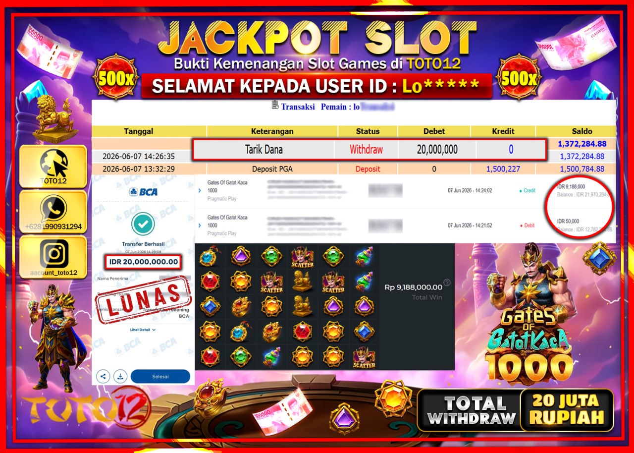 HANYA DI TOTO12 JP PASTI DI BAYAR LUNAS DAN CEPAT!!!!!! JACKPOT SLOT GAME (GATES OF GATOT KACA 1000) Rp20.000.000!!!!