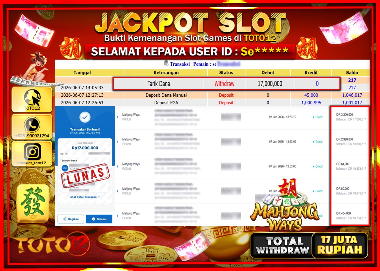 HANYA DI TOTO12 JP PASTI DI BAYAR LUNAS DAN CEPAT!!!!!! JACKPOT SLOT GAME (MAHJONG WAYS) Rp17.000.000!!!!
