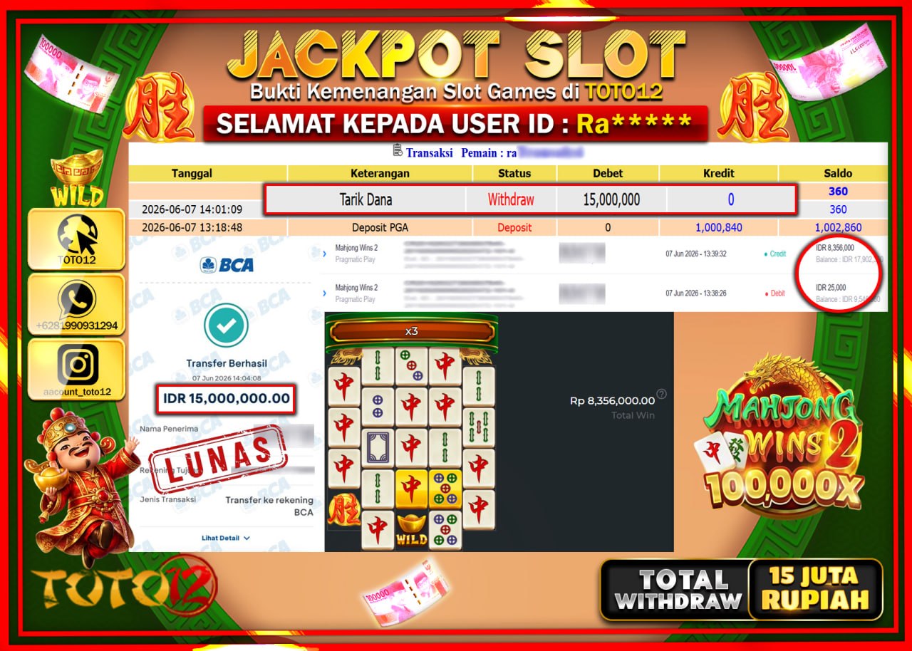 HANYA DI TOTO12 JP PASTI DI BAYAR LUNAS DAN CEPAT!!!!!! JACKPOT SLOT GAME (MAHJONG WINS 2) Rp15.000.000!!!!