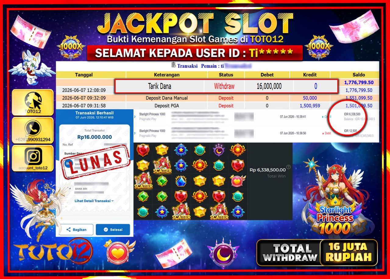 HANYA DI TOTO12 JP PASTI DI BAYAR LUNAS DAN CEPAT!!!!!! JACKPOT SLOT GAME (STARLIGHT PRINCESS 1000) Rp16.000.000!!!!