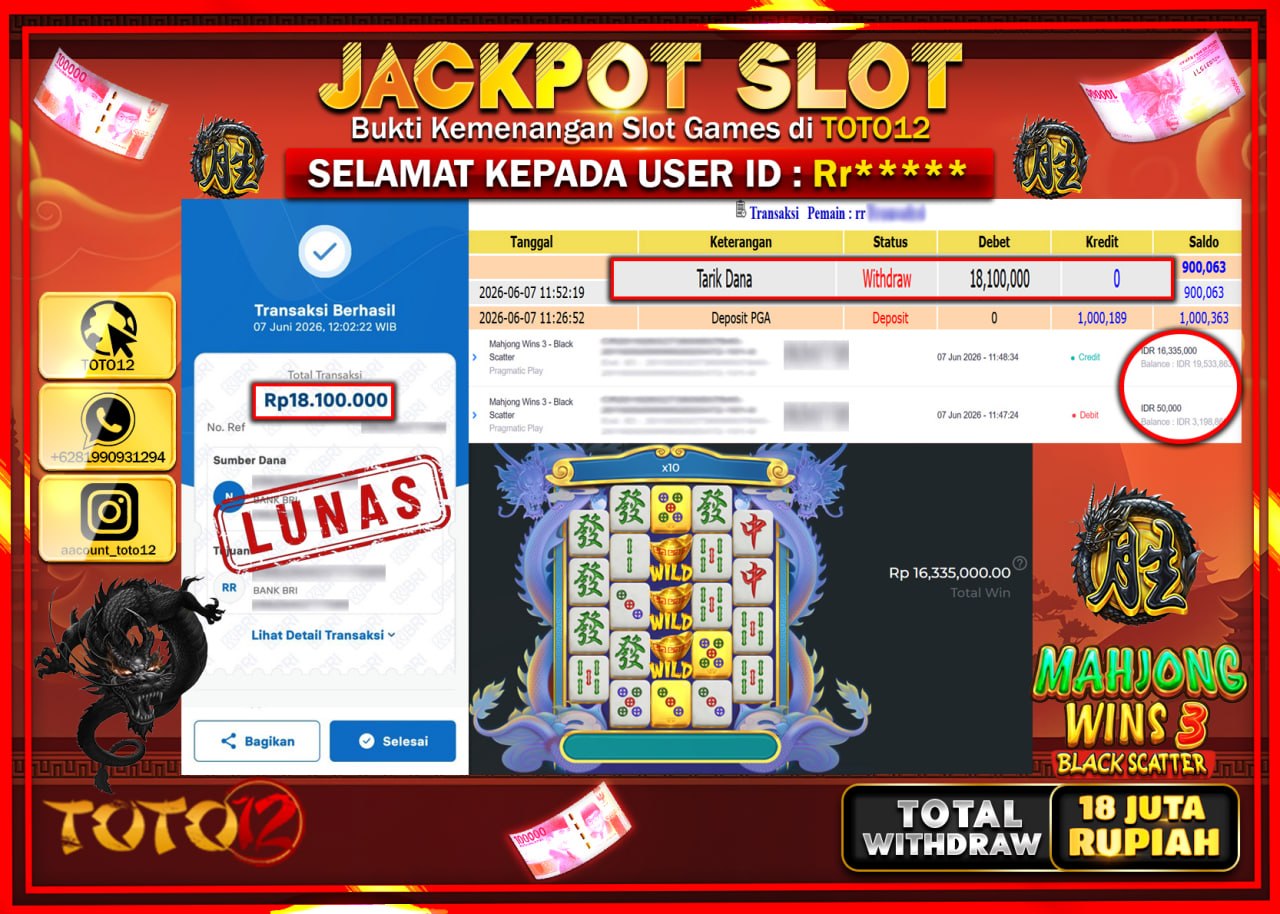 HANYA DI TOTO12 JP PASTI DI BAYAR LUNAS DAN CEPAT!!!!!! JACKPOT SLOT GAME (MAHJONG WINS 3 BLACK SCATTER) Rp18.100.000!!!!