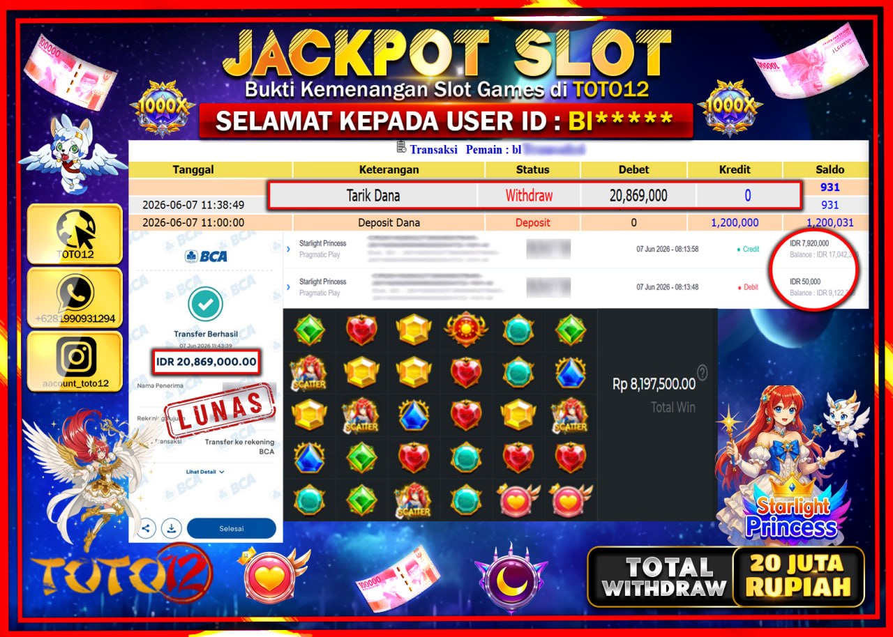 HANYA DI TOTO12 JP PASTI DI BAYAR LUNAS DAN CEPAT!!!!!! JACKPOT SLOT GAME (STARLIGHT PRINCESS) Rp20.869.000!!!!