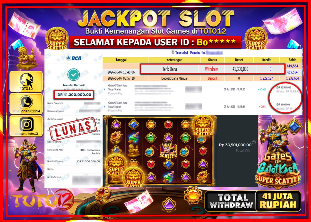HANYA DI TOTO12 JP PASTI DI BAYAR LUNAS DAN CEPAT!!!!!! JACKPOT SLOT GAME (GATES OF GATOTKACA SUPER SCATTER) Rp41.300.000!!!!