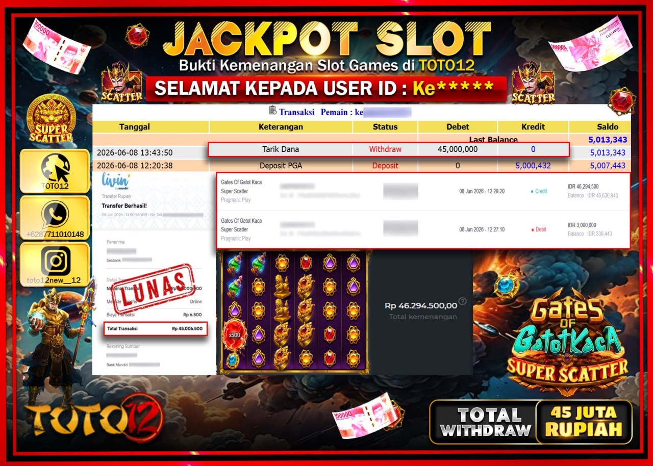 HANYA DI TOTO12 JP PASTI DI BAYAR LUNAS DAN CEPAT!!!!!! JACKPOT SLOT GAME (GATES OF GATOTKACA SUPER SCATTER) Rp45.000.000!!!!