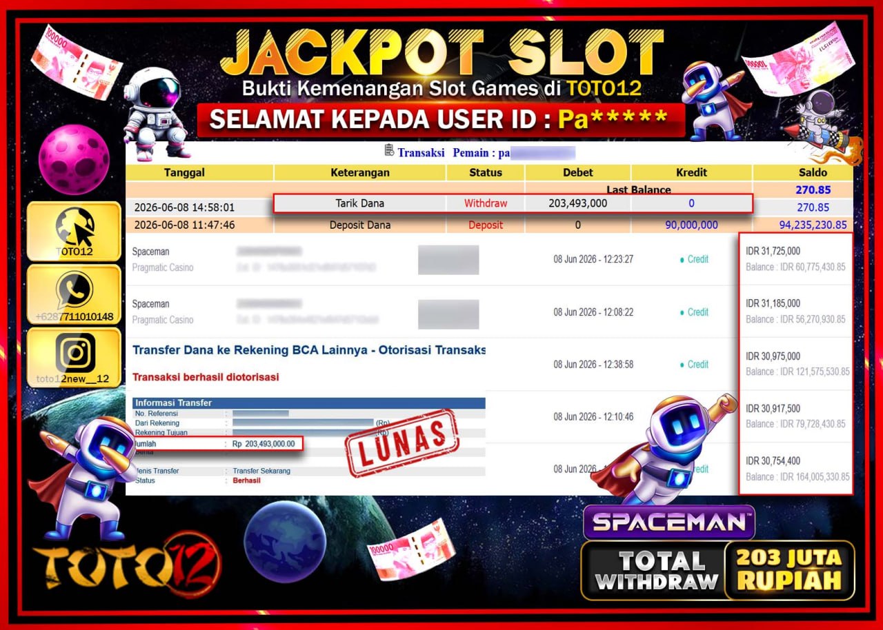 HANYA DI TOTO12 JP PASTI DI BAYAR LUNAS DAN CEPAT!!!!!! JACKPOT SLOT GAME (SPACEMAN) Rp203.493.000!!!!