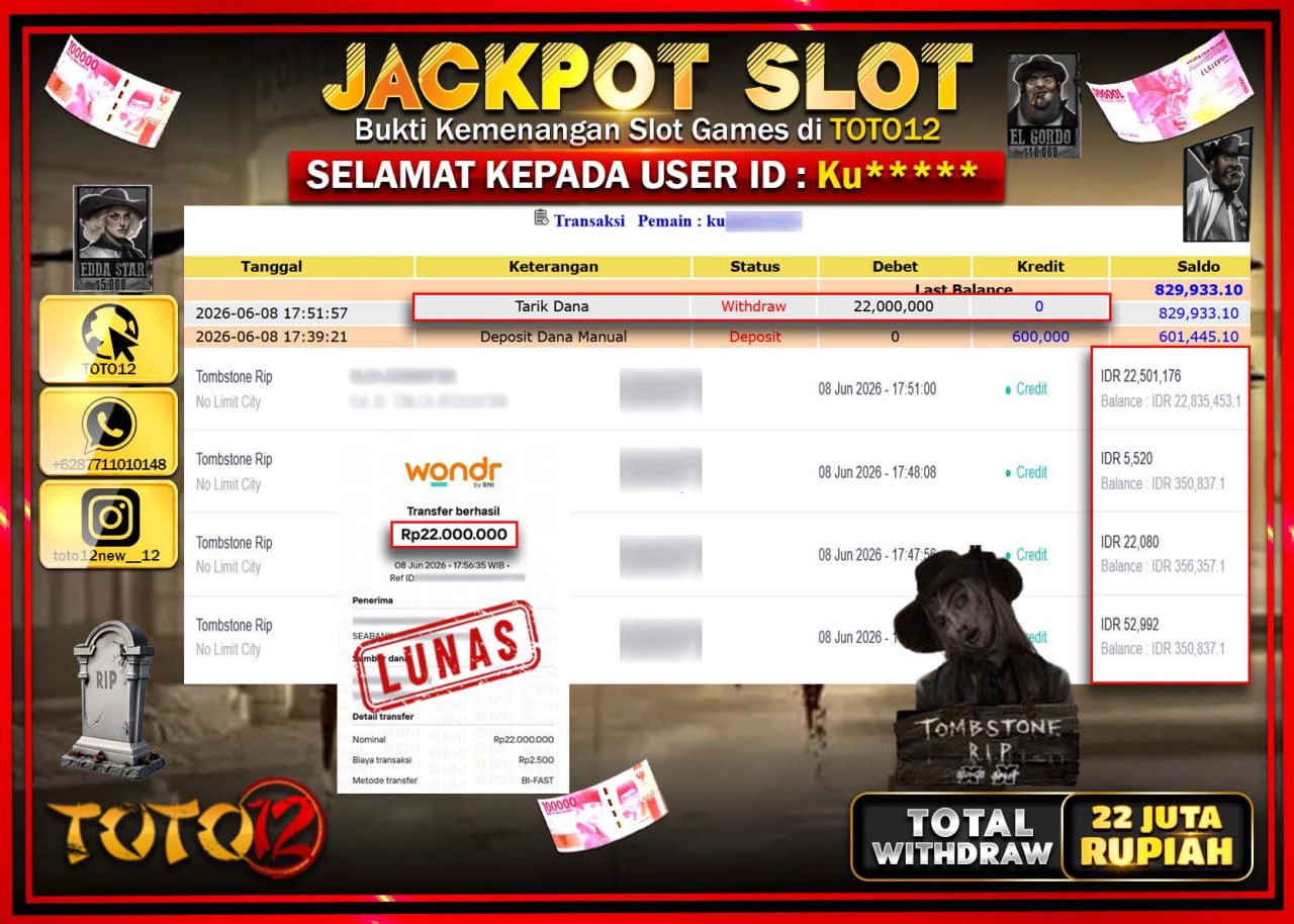 HANYA DI TOTO12 JP PASTI DI BAYAR LUNAS DAN CEPAT!!!!!! JACKPOT SLOT GAME (TOMBSTONE RIP) Rp22.000.000!!!!
