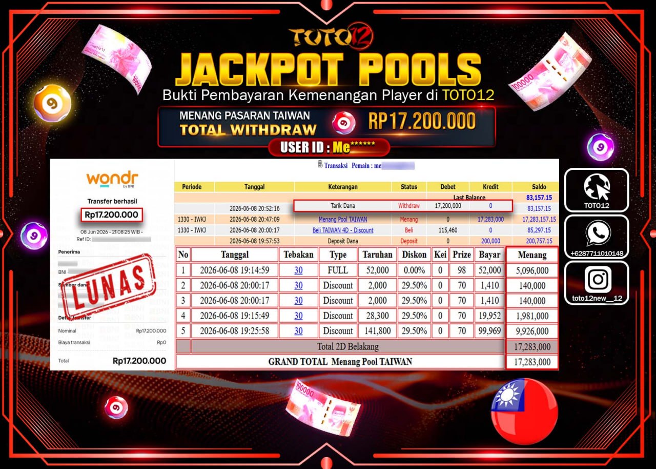 HANYA DI TOTO12 JP PASTI DI BAYAR LUNAS DAN CEPAT!!!!!! JACKPOT POOLS PASARAN (TAIWAN) Rp17.200.000!!!!