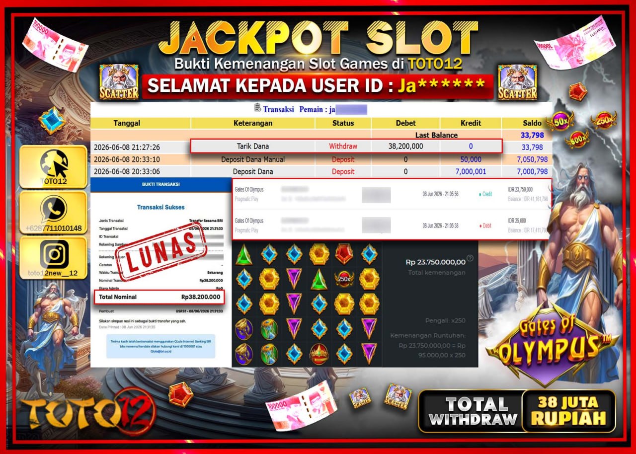 HANYA DI TOTO12 JP PASTI DI BAYAR LUNAS DAN CEPAT!!!!!! JACKPOT SLOT GAME (GATES OF OLYMPUS) Rp38.200.000!!!!