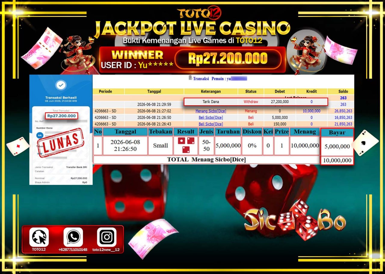HANYA DI TOTO12 JP PASTI DI BAYAR LUNAS DAN CEPAT!!!!!! JACKPOT  LIVE GAME CASINO (SICBO DICE) Rp27.200.000!!!!
